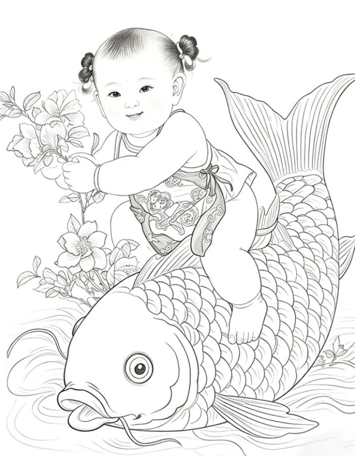 bé tập tô với tranh tô màu con cá chép