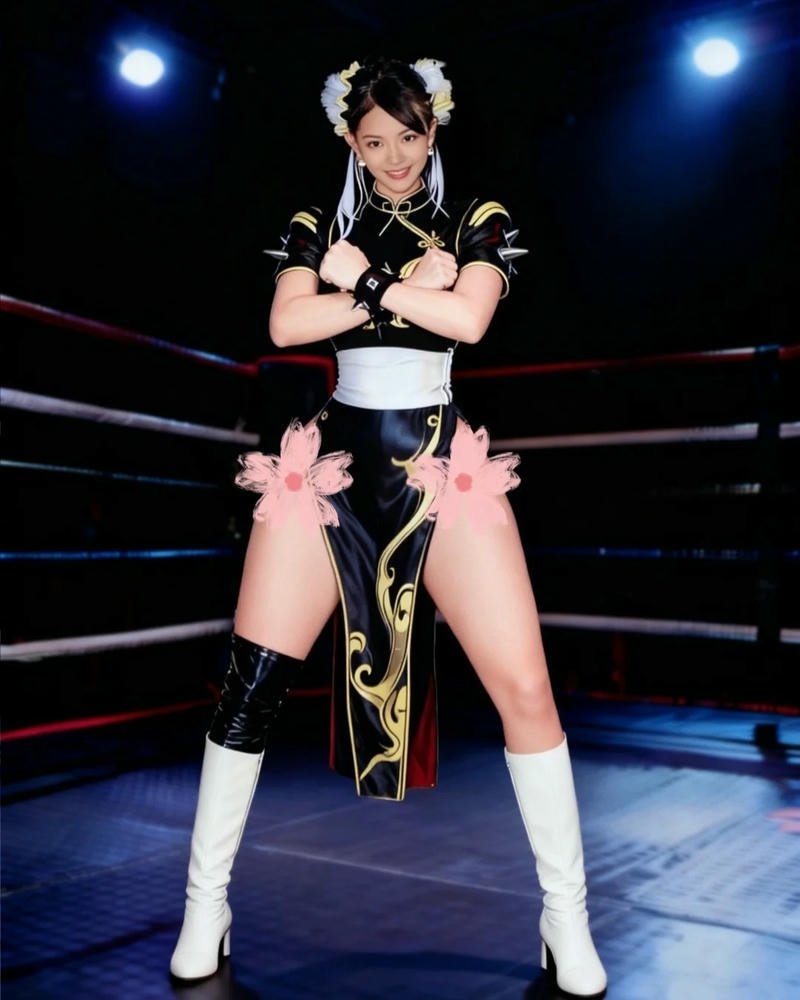chun li cosplay đứng trên sàn đấu boxing có dây