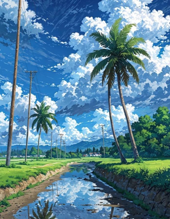 hình ảnh phong cảnh anime bờ sông trong xanh