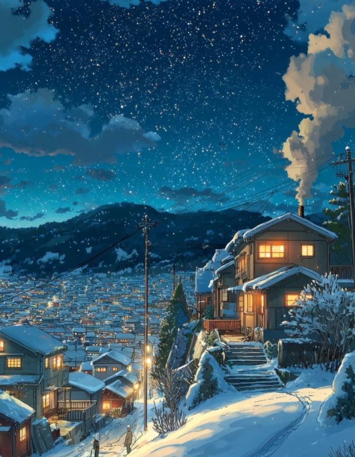 ngõ nhỏ tuyết rơi ảnh phong cảnh anime