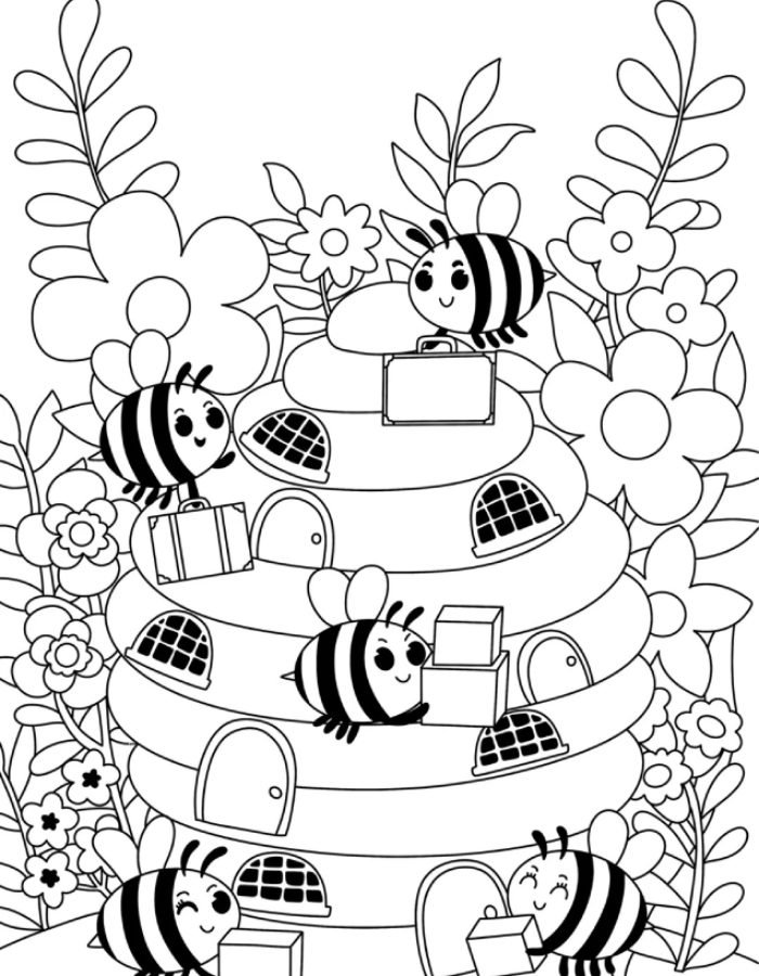 tranh tô màu con ong đang xây tổ chăm