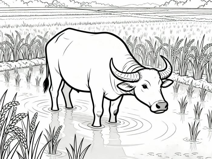 tranh tô màu con trâu đứng trên cánh đồng