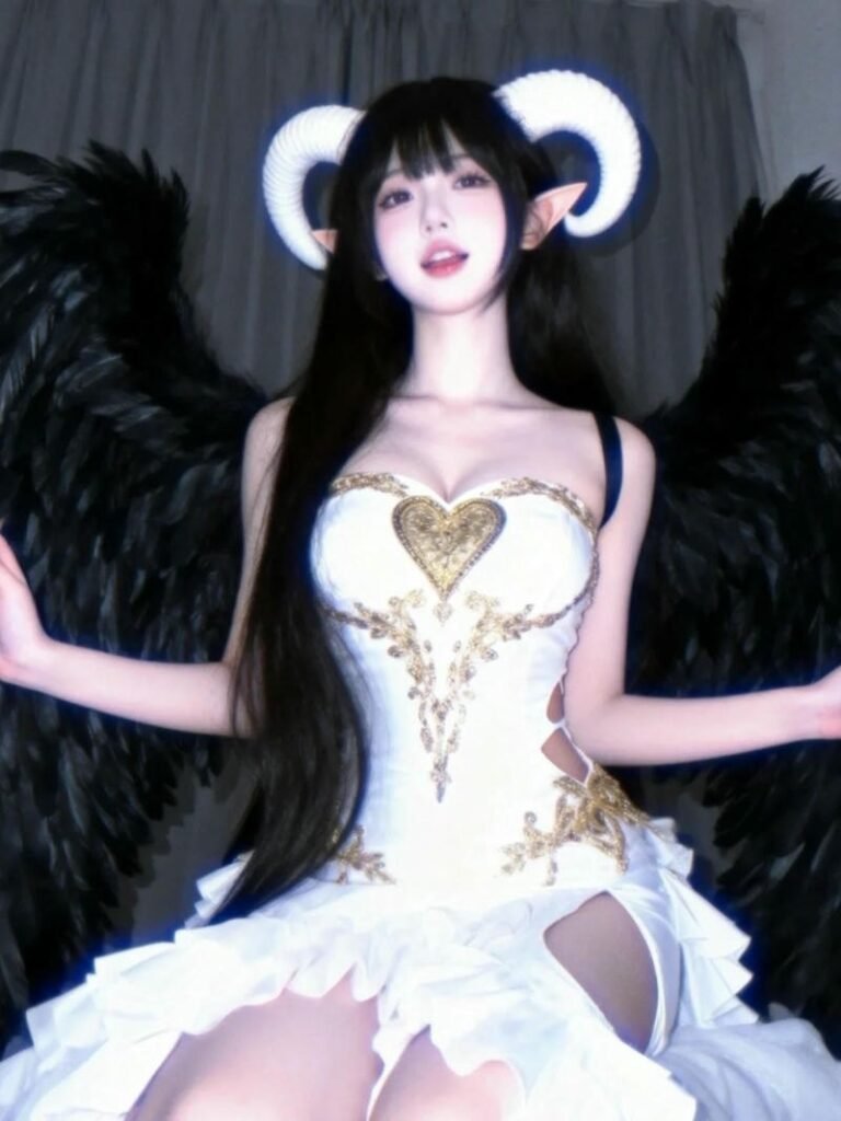 Albedo cosplay váy trắng cánh đen ngồi ghế bành