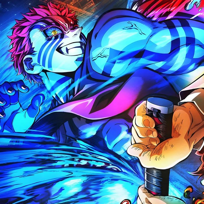 Ảnh Akaza chiến đấu với hiệu ứng nước xanh bao quanh