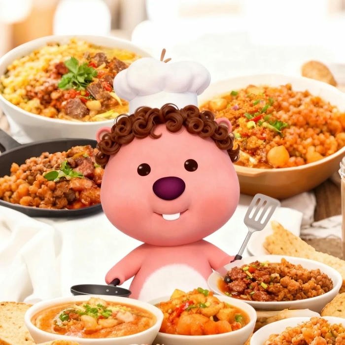 Ảnh Loopy đầu bếp hài hước bên bàn ăn thịnh soạn