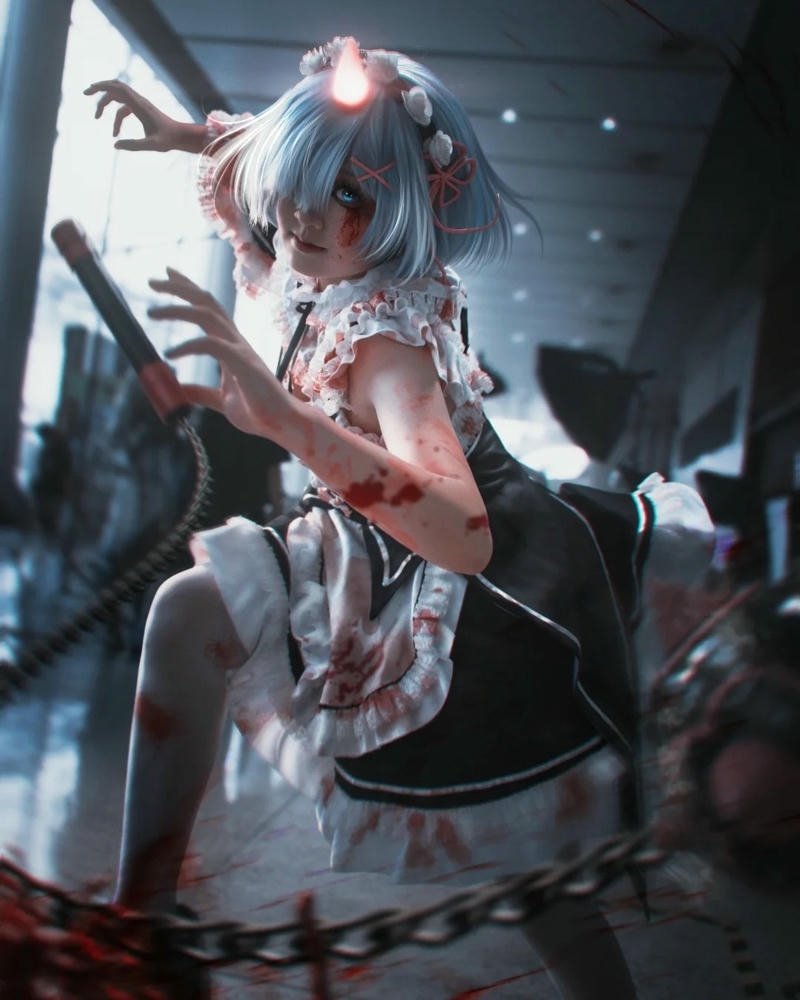 Ảnh Rem cosplay cầm vũ khí tạo dáng ngầu lòi