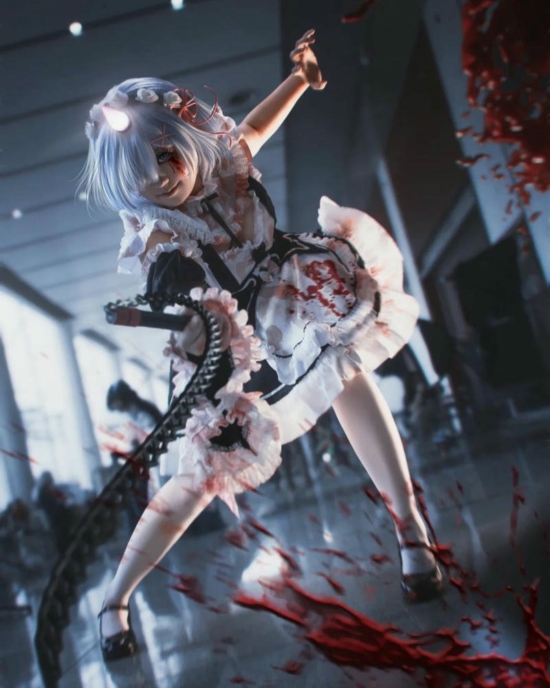 Ảnh Rem cosplay chiến đấu với dây xích máu me