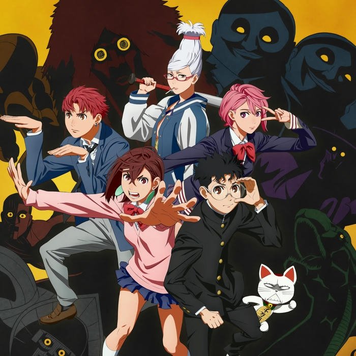 Ảnh avatar Dandadan nhóm bạn đứng cùng linh hồn mèo