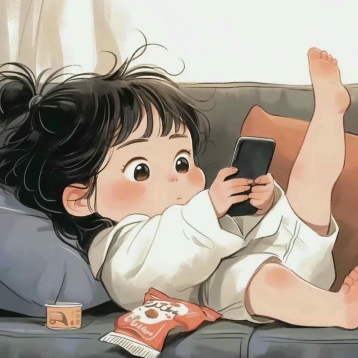 Ảnh avatar dễ thương chibi bé gái nằm lười xem điện thoại