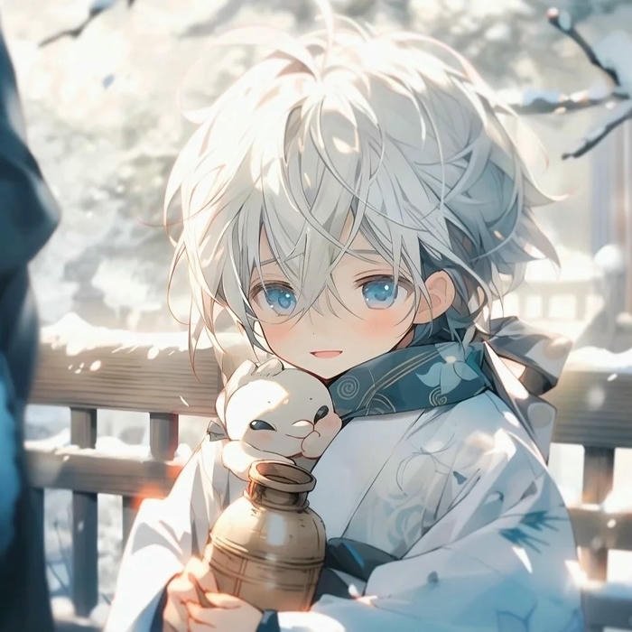 Ảnh avatar dễ thương chibi bé trai tóc trắng cầm chim nhỏ