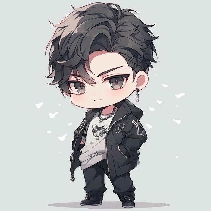 Ảnh avatar dễ thương chibi nam tóc xám mặc áo khoác đen