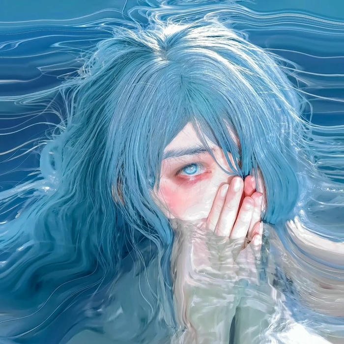 Ảnh avatar màu xanh dương cô gái tóc xanh chảy dài xuống