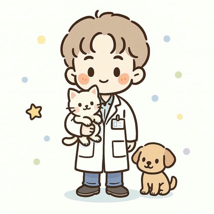 Ảnh bác sĩ chibi nam cầm thú cưng nhỏ trên tay