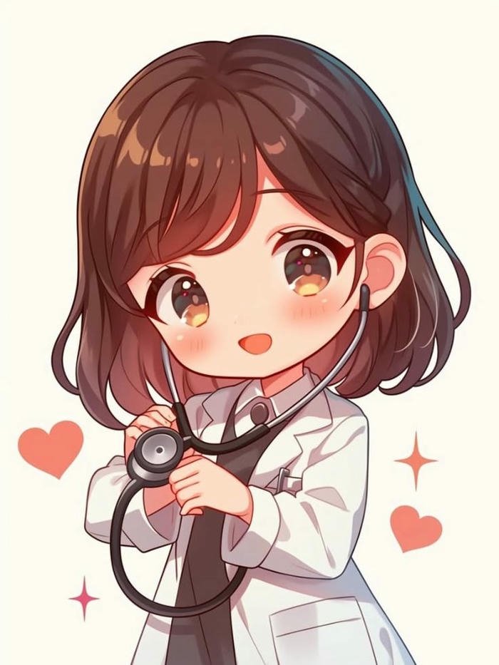 Ảnh bác sĩ chibi nữ đeo ống nghe cười hiền hậu xinh