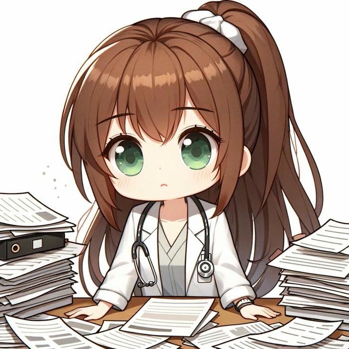 Ảnh bác sĩ chibi nữ ngồi làm việc tại bàn giấy tờ