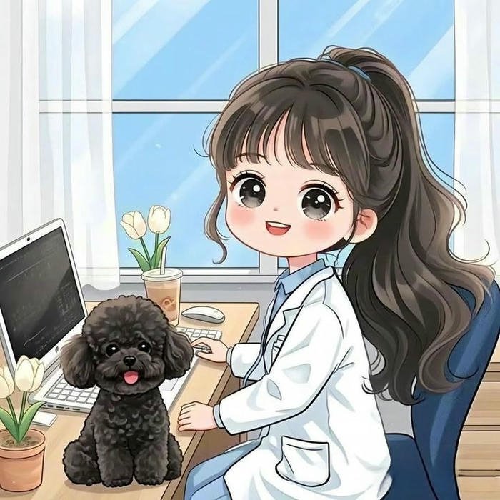 Ảnh bác sĩ chibi nữ ngồi máy tính cùng cún con đen