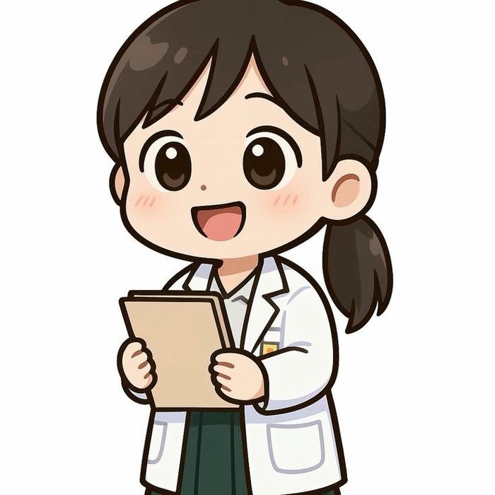 Ảnh bác sĩ chibi nữ tóc đen buộc thấp cầm bảng tên