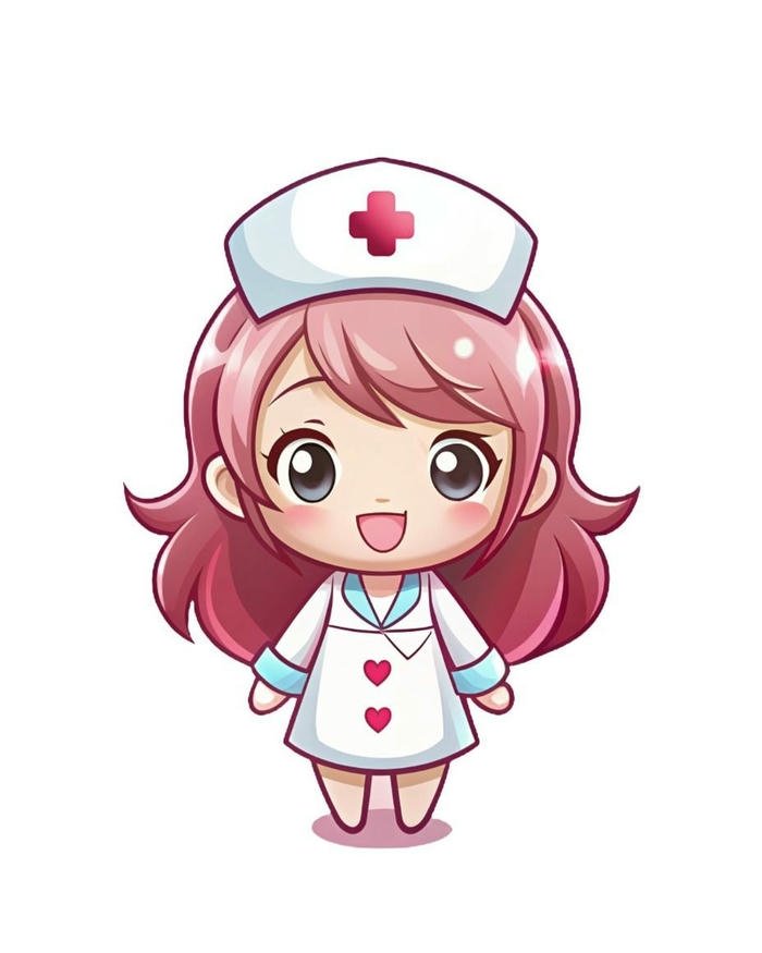 Ảnh bác sĩ chibi nữ tóc hồng mặc váy trắng dễ thương