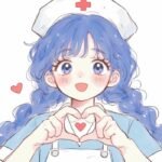 Ảnh bác sĩ chibi nữ tóc xanh làm trái tim bằng tay