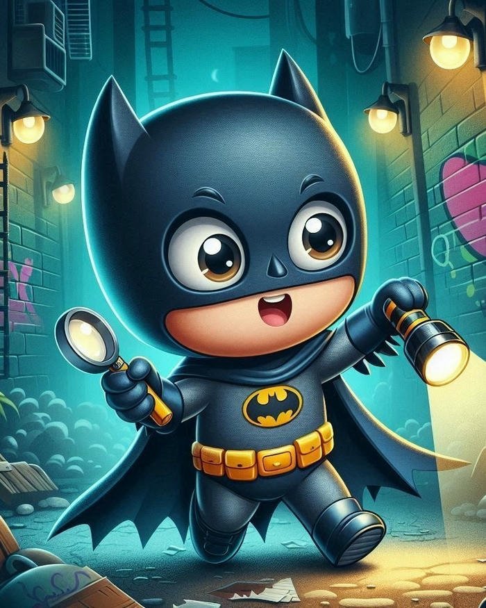 Ảnh batman chibi cầm đèn pin soi trong đêm tối