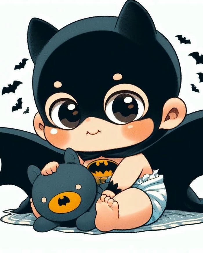 Ảnh batman chibi dạng em bé ngồi bên gấu bông