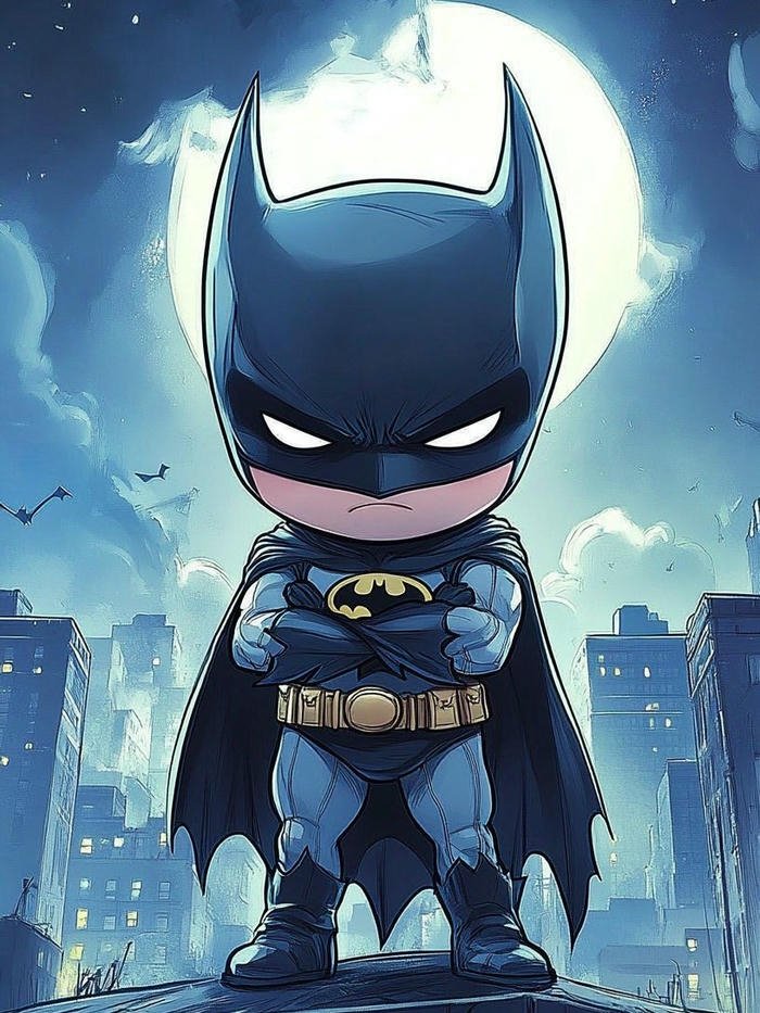 Ảnh batman chibi đứng dưới mưa đêm thành phố tối