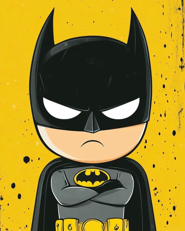 Ảnh batman chibi mặt nghiêm nghị trên nền vàng tươi