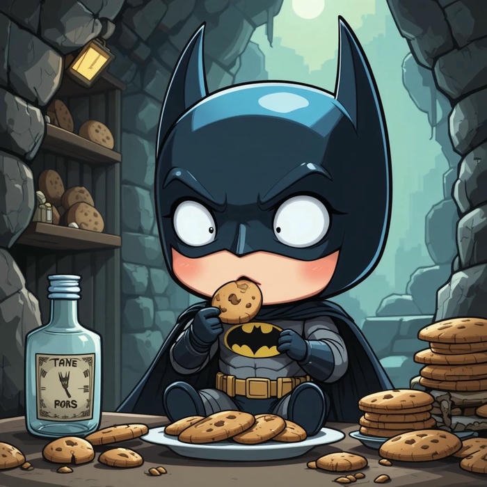 Ảnh batman chibi ngồi ăn bánh quy rất ngon lành