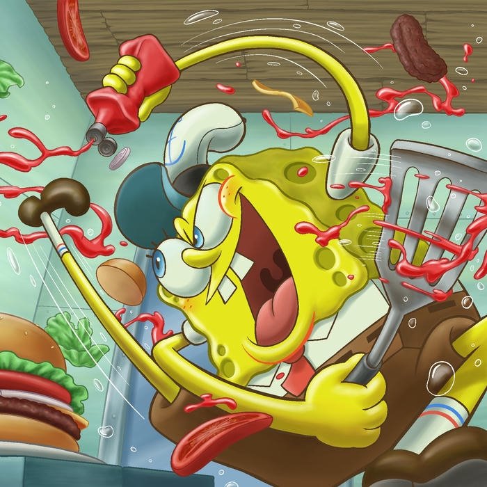 Ảnh bọt biển nấu ăn tung chảo giữa bếp lửa rực