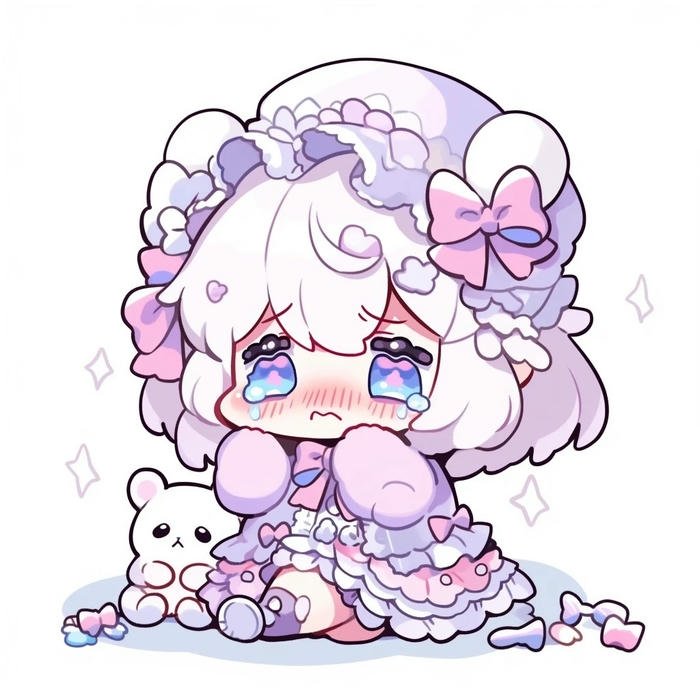 Ảnh chibi buồn bé gái váy tím ngồi khóc nấc