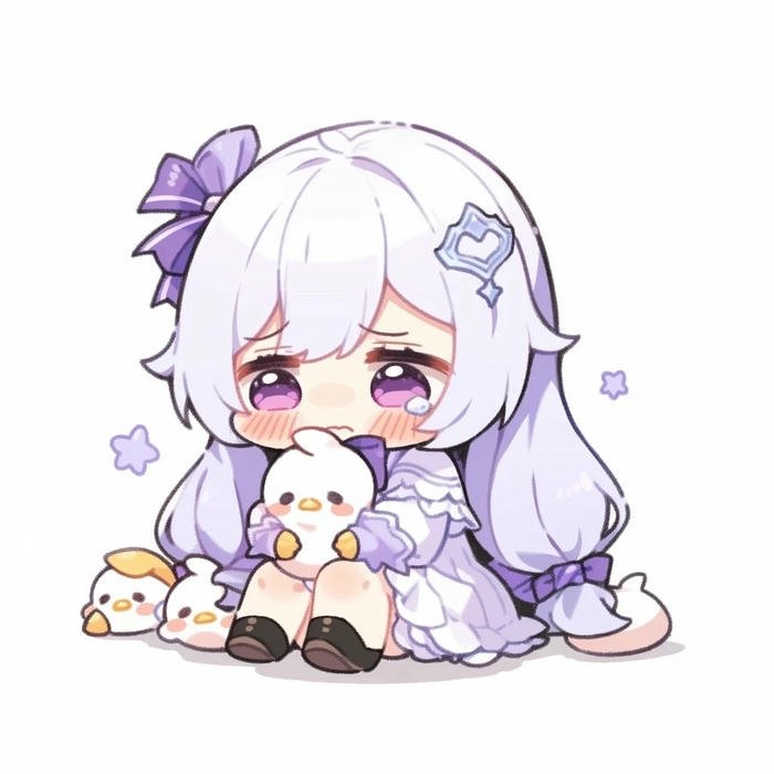 Ảnh chibi buồn bé gái váy tím ôm gấu khóc