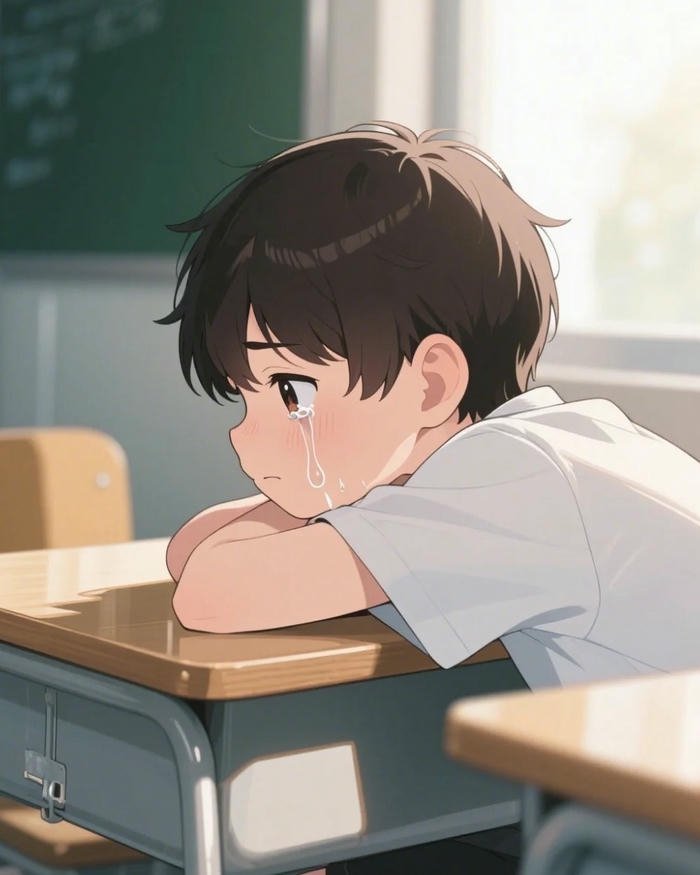 Ảnh chibi buồn bé trai gục đầu xuống bàn học