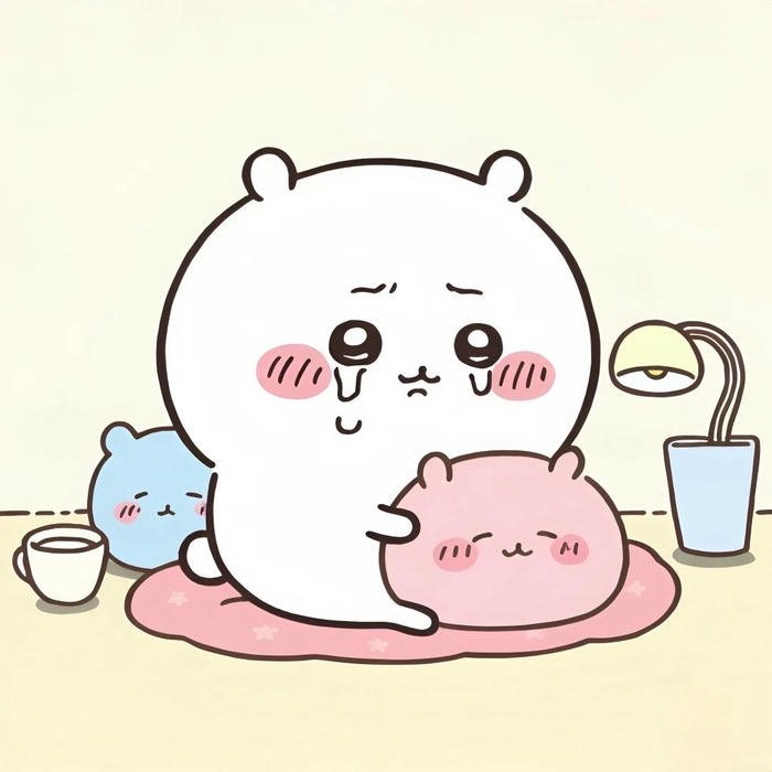 Ảnh chibi buồn gấu trắng ngồi khóc bên hộp giấy