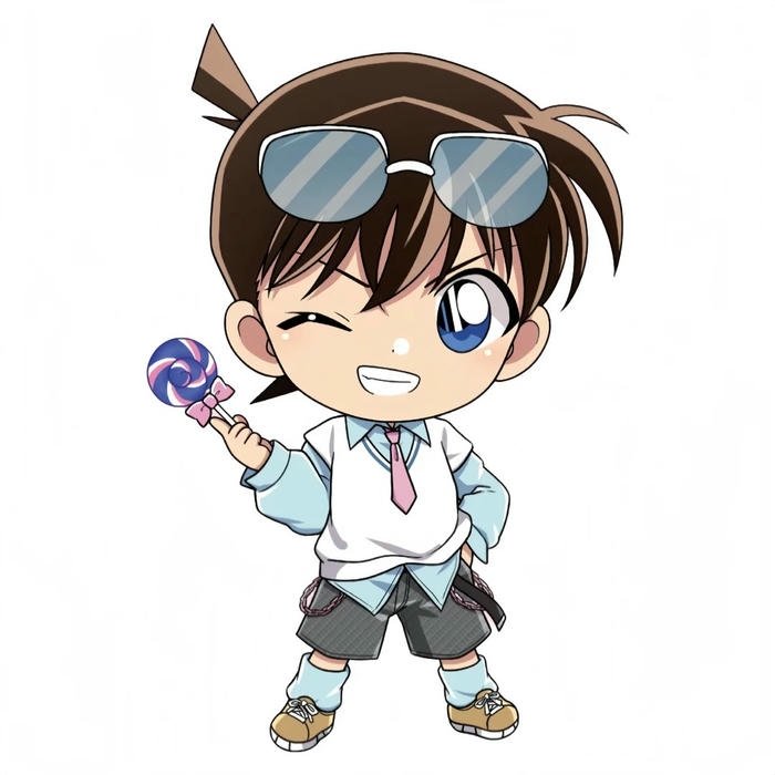 Ảnh conan chibi cute cầm kính lúp nháy mắt tinh nghịch