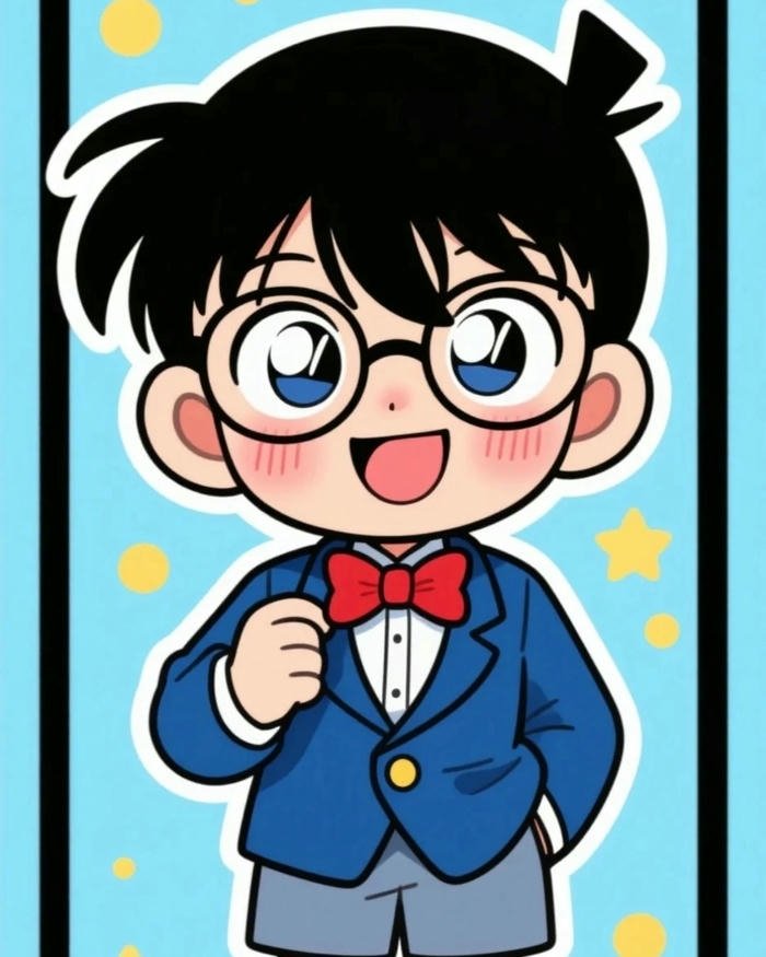 Ảnh conan chibi cute đeo nơ đỏ cười rạng rỡ