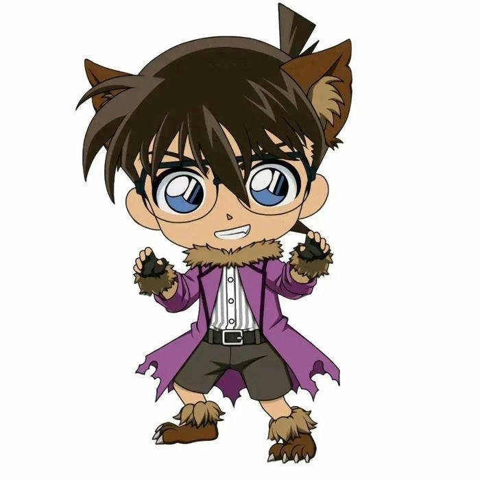 Ảnh conan chibi cute mặc áo choàng tím dáng ngầu