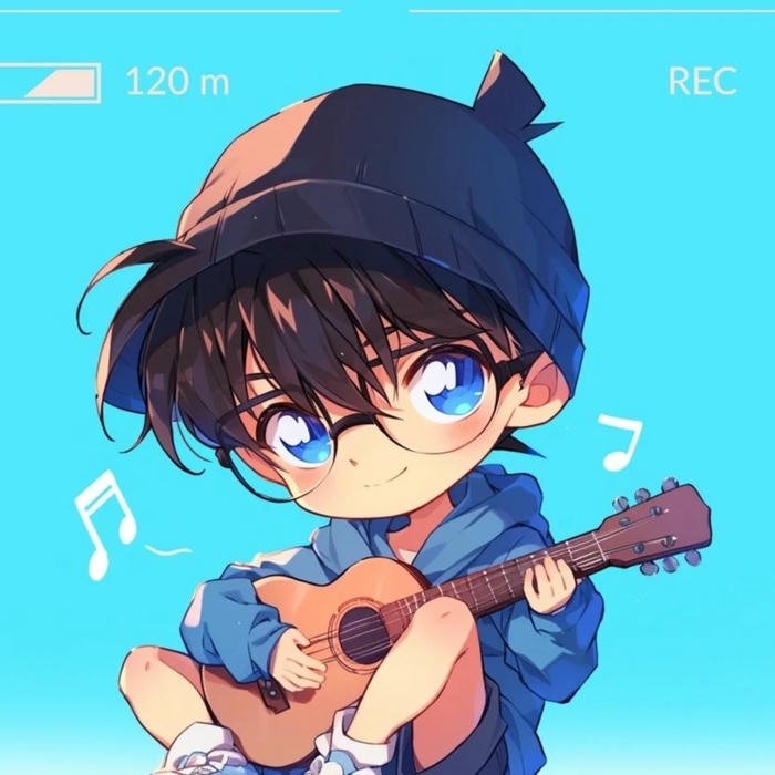 Ảnh conan chibi cute ngồi đánh đàn guitar màu nâu