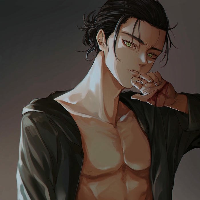 Ảnh eren ngầu khoác áo đen lộ cơ bụng