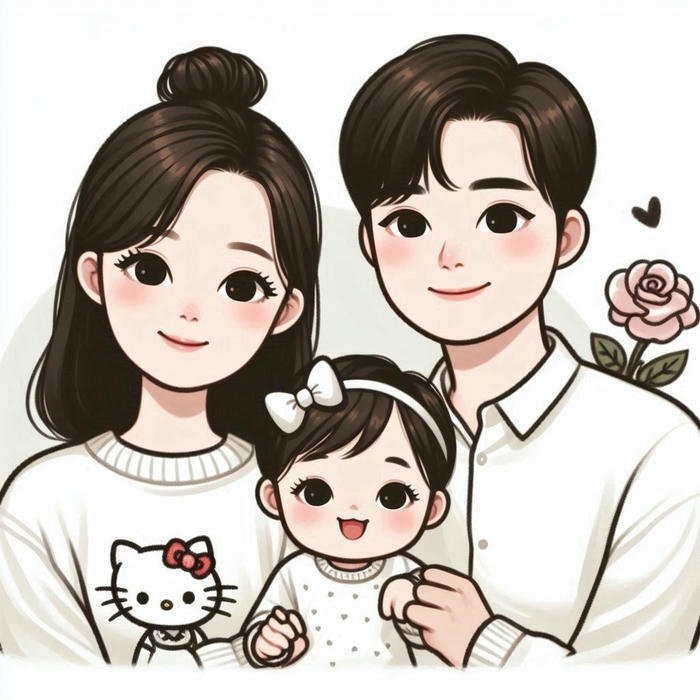 Ảnh gia đình chibi ba người mặc áo trắng cười tươi