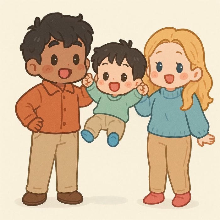 Ảnh gia đình chibi bố bế con trên vai vui vẻ