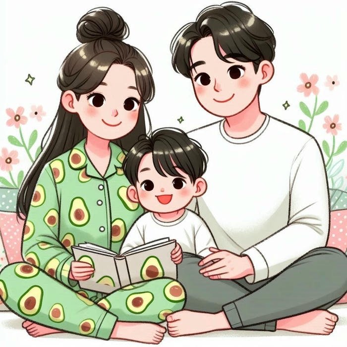 Ảnh gia đình chibi bốn người hạnh phúc bên nhau cười