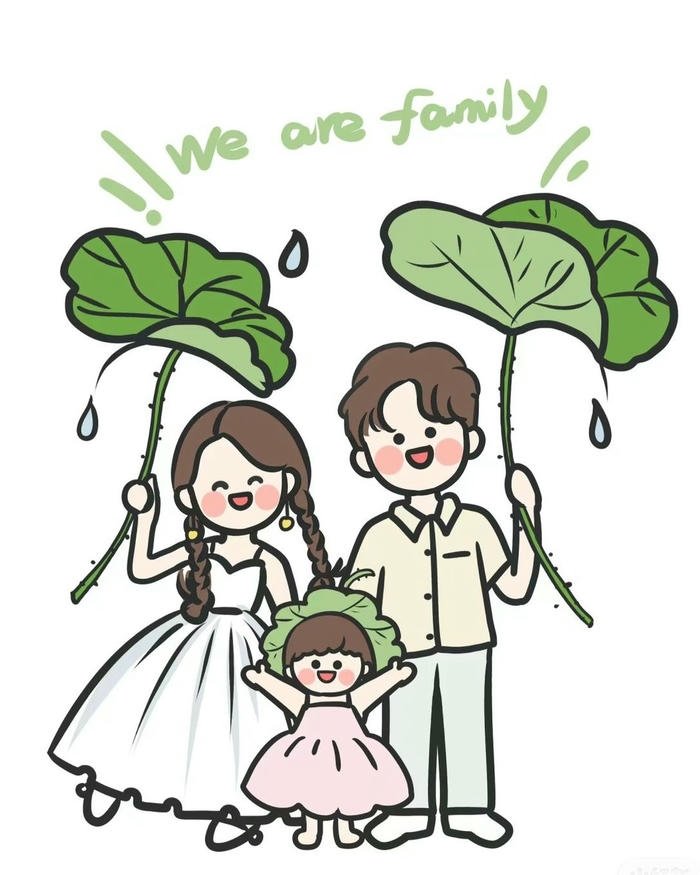 Ảnh gia đình chibi che lá sen dưới mưa lãng mạn