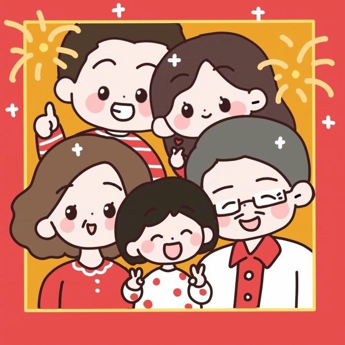 Ảnh gia đình chibi chụp selfie vui nhộn ngày tết