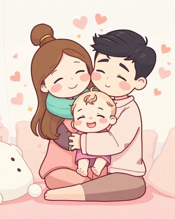 Ảnh gia đình chibi má kề má tình cảm ấm áp