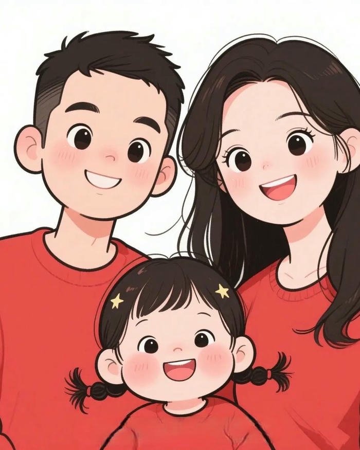 Ảnh gia đình chibi mặc áo đỏ may mắn rực rỡ