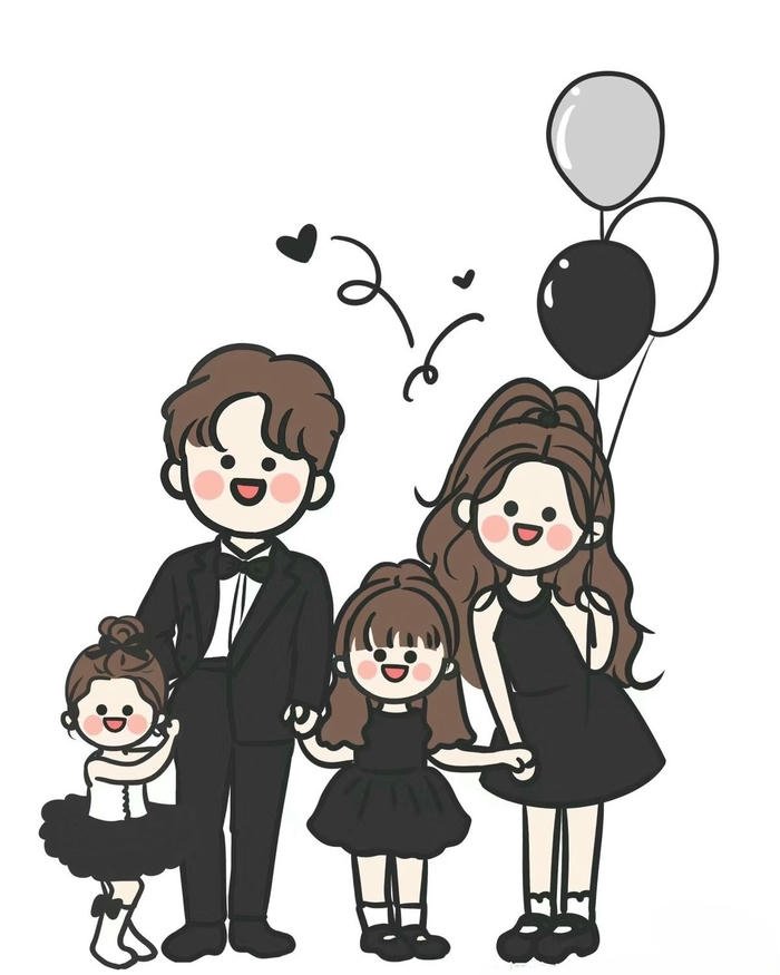 Ảnh gia đình chibi mặc lễ phục đen trắng sang trọng