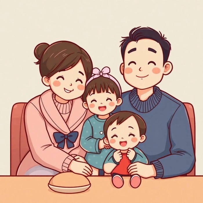 Ảnh gia đình chibi ngồi ăn uống quây quần bên nhau