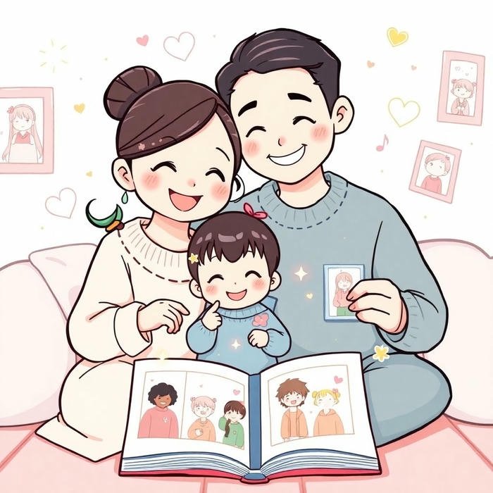 Ảnh gia đình chibi ngồi đọc sách cùng nhau vui vẻ