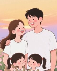 Ảnh gia đình chibi ôm nhau thắm thiết nền hoàng hôn