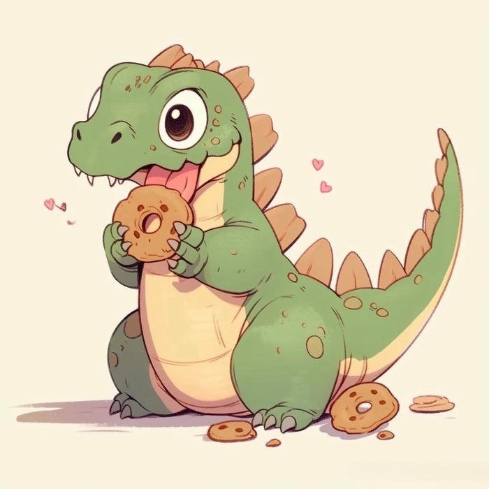 Ảnh khủng long chibi ôm miếng bánh quy trông thật đáng yêu